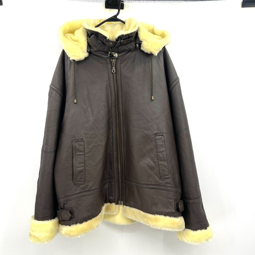 Nexus Womens XL Genuine Leather B3 Aviator Flight Jacket Hooded Brown Faux Fur
